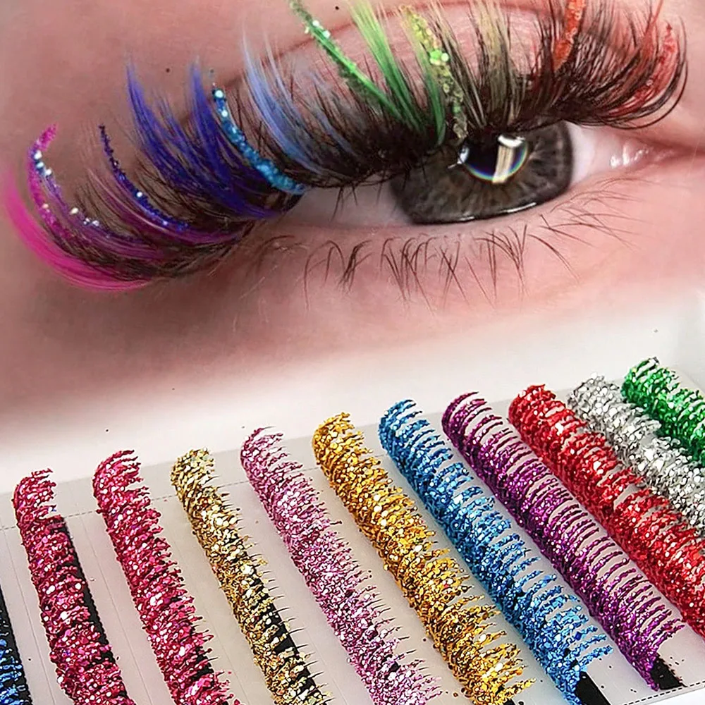 Moda glitter extensões de chicote cristal colorido individual cílios postiços mix cores brilhantes volume russo chicote profissional