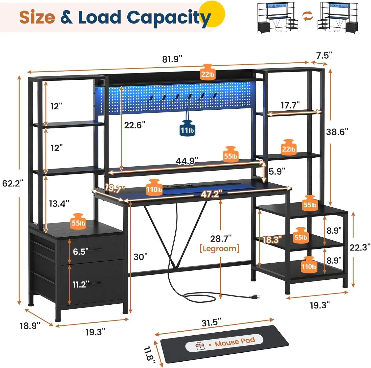 Computer Desk with Power Outlets, 81.9in Home Office Desk with Monitor Stand, Gaming Desk with LED Light
