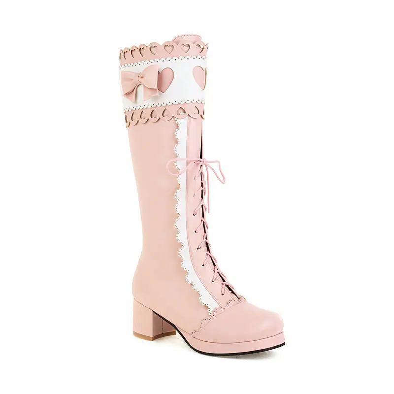 Winter Lolita Women Boots Block High Heel Princess Tall Boots With Bow Heart Lace Fringe For Lolita Dresses
