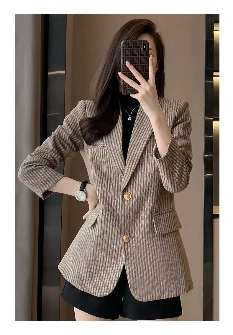 Women\'s Striped Single-Breasted Suit Jacket, Long Sleeve, Office Jacket, Retro Fashion, Gap Collar, Street Fashion