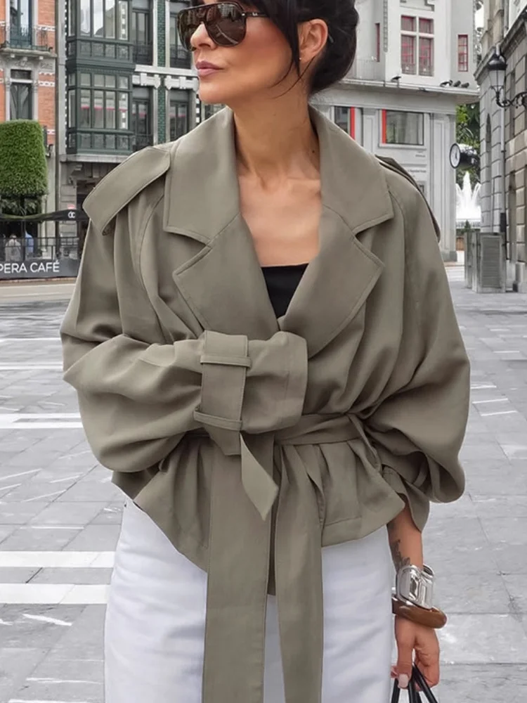 Women's Lace Up Cropped Trench Coat Fashion Lapel Long Sleeve Solid Loose Jacket 2026 Autumn Winter Female Street Outerwear