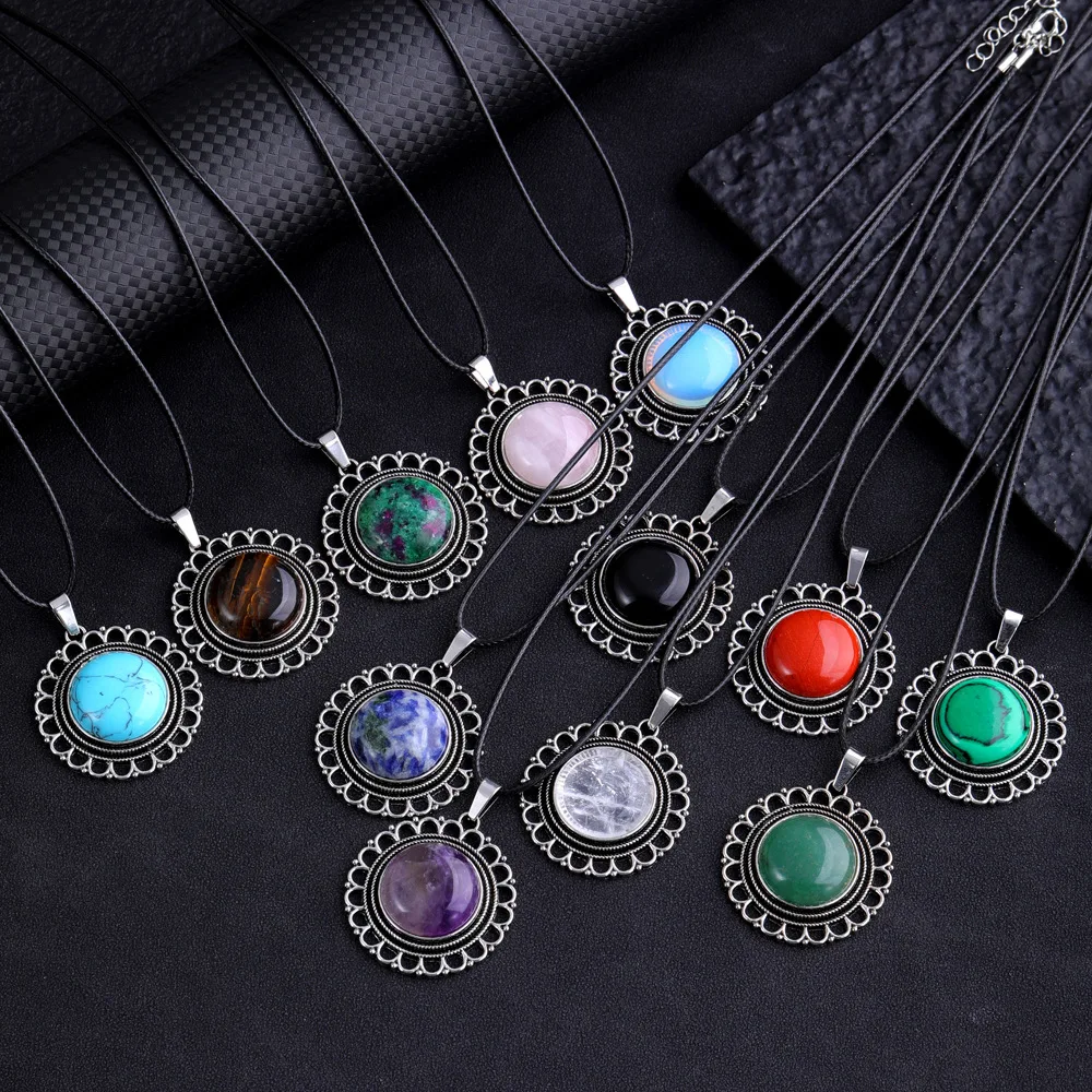 1pc- Natural stone crystal agate alloy set with antique sun flower necklace pendant