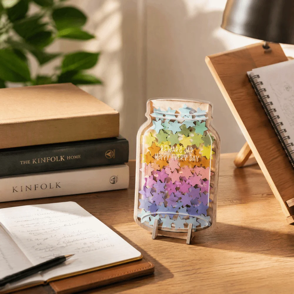 Multicolor Reward Jar 45Pcs Star Flowers Wooden Desktop Ornament Points Reward Self-discipline Design Motivational Reward Jar