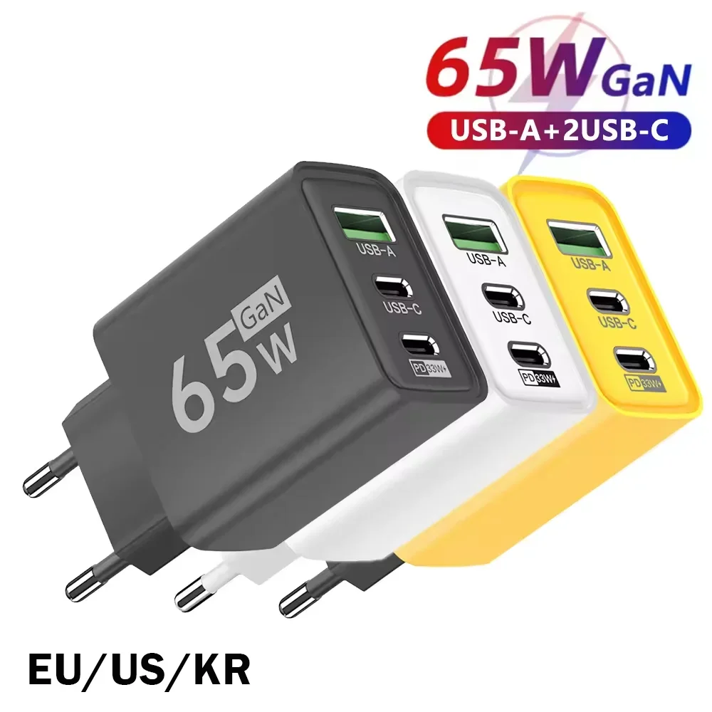 Foldable 65W GaN 3‑Port USB‑C Wall Charger PD Fast Charging Block Travel Adapter for iPhone Samsung iPad and MacBook Devices