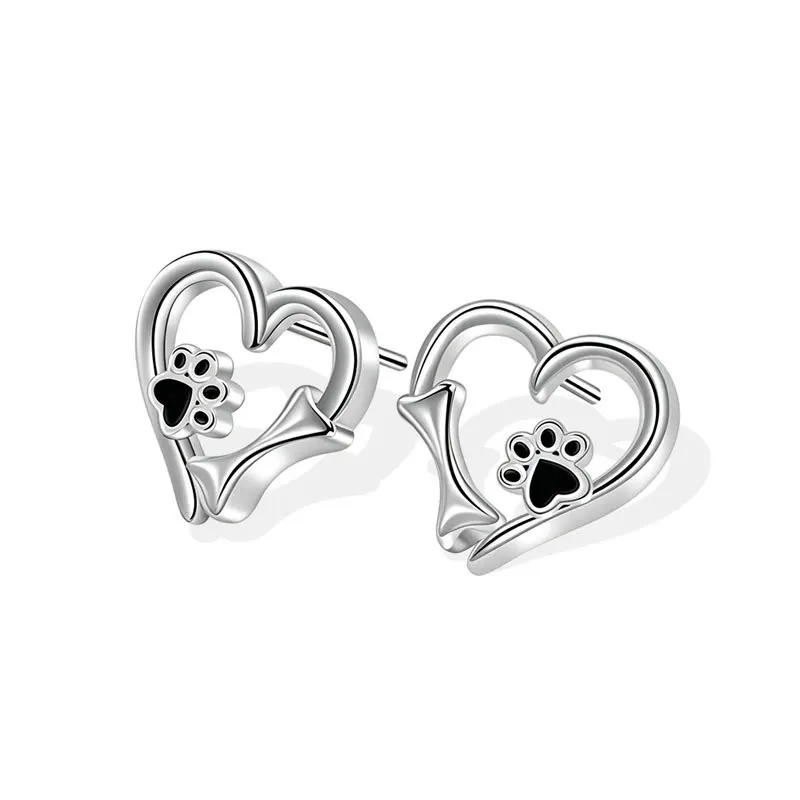 925 Sterling Silver Jewelry Kitten Love Paw Print Heart Stud Earrings for Women Wedding Party Jewelry For Girls Friends Gift
