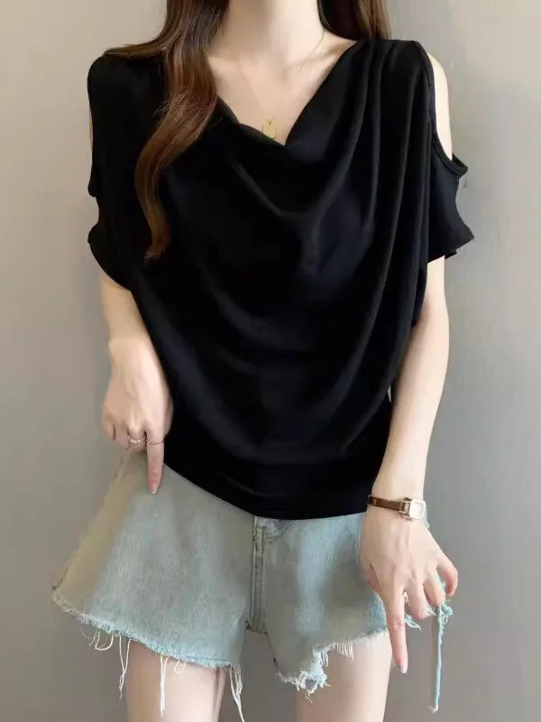 

Elegant Black Off-Shoulder Short-Sleeve T-Shirt Women's Summer New plus Size Lazy Style Top Korean Version Loose Fit Commute ...
