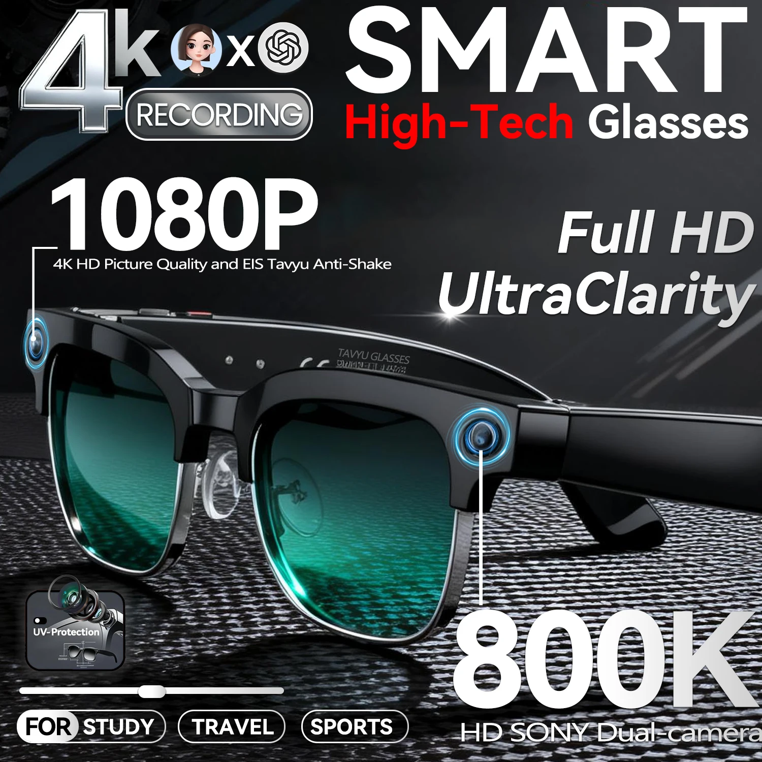 

2026 800W Pixel HD Camera Glasses Video Recording Touch Sport 4GB Sunglasses Bluetooth Call Video Music Player WIFI Transmission