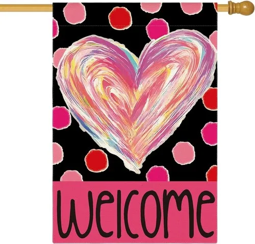 Valentines Day Love Heart House Flag 28x40 Inch Double Sided Outside, Polka Dots OOV IIC