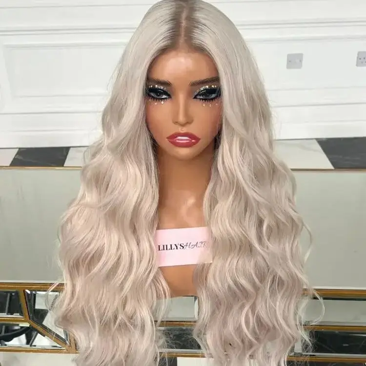 

180% High Density Hair Grsy Silver Blonde Synthetic Lace Frontal Wigs With Dark Roots Deep Wave Natural Hairline Brunette Fibre