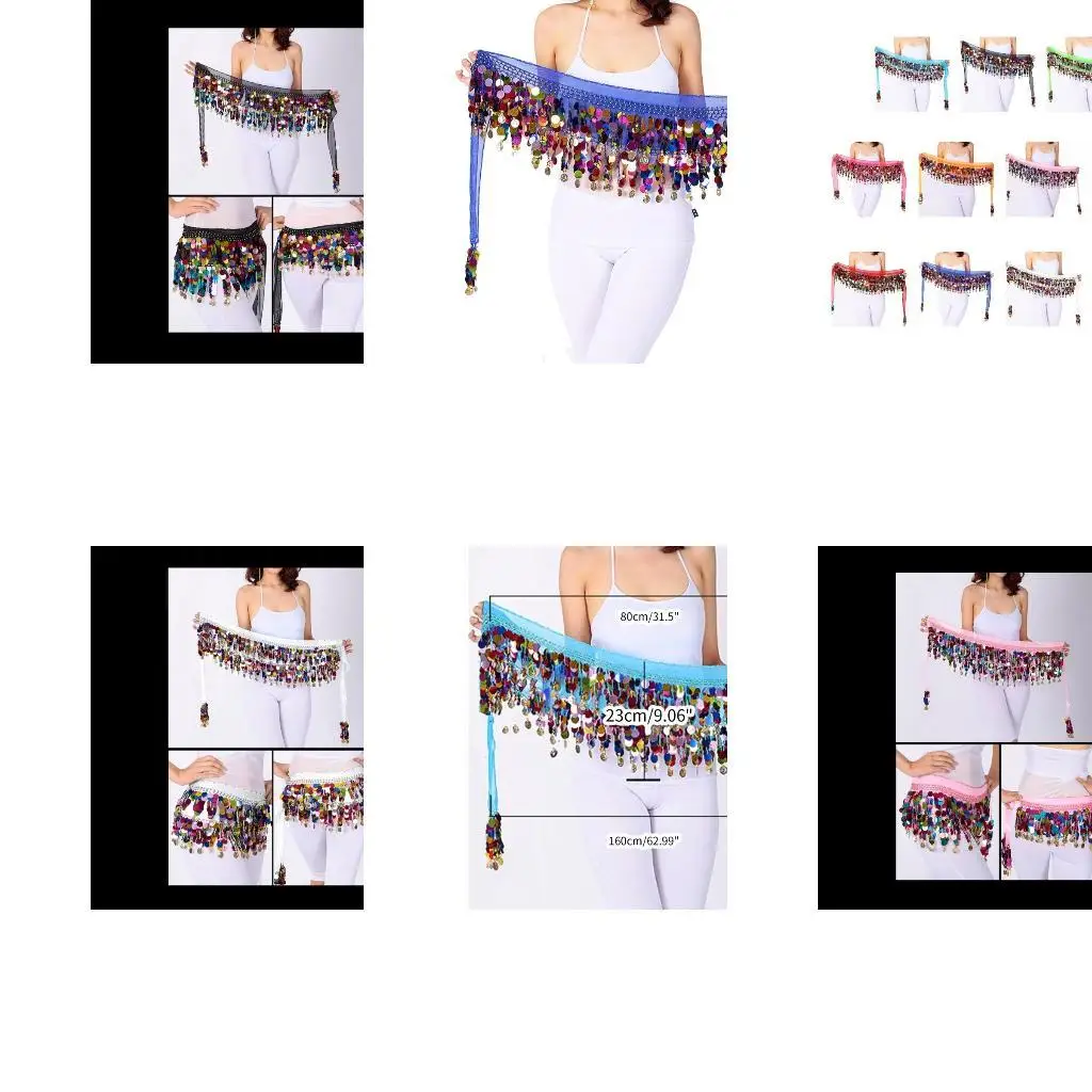 

39BD Flashy Belly Dancing Hip Wrap with Fringes Sparkly Waist Chain Hip Scarf