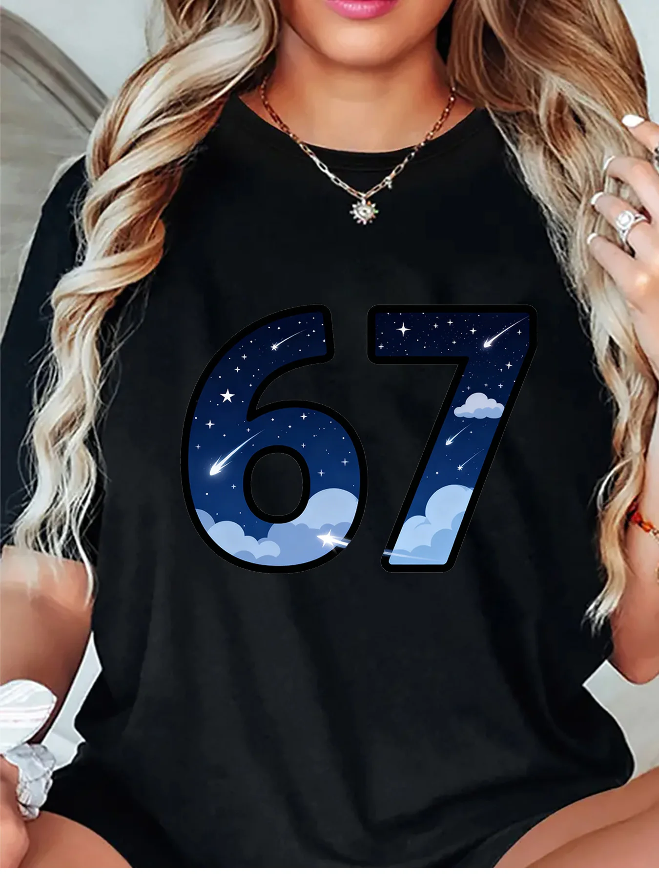 Cute Number 67 Starry Sky Cloud Meteor Cosmic Design Art Print Graphic Ladies T Shirt Short Sleeve Crew Neck Casual Tee Tops