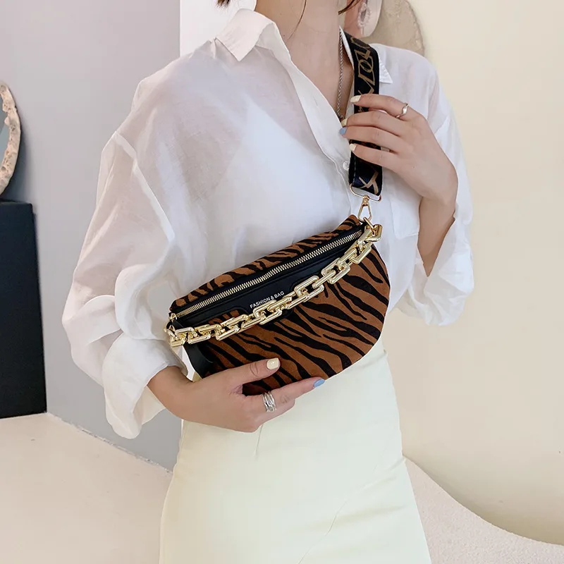 Designer Zebra Print Women Waist Bag Fashion Chain Handbags Female Shoulder Crossbody Chest Bag Suede Fanny Pack Banana Belt Bag