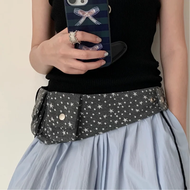 

Japanese Waist Bag Fashionable Korean Women Cute Design Star Polka Dot Pocket Snap Button Stacked Belt Multifunctional Waist Bag
