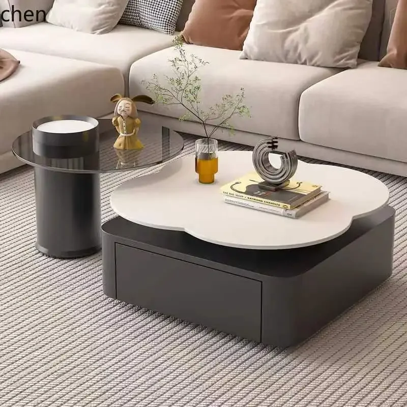 a-1CZ Pure White Four-Leaf Clover Rotating Rock Plate Coffee Table  Creative Glass Side Table Rotating Table