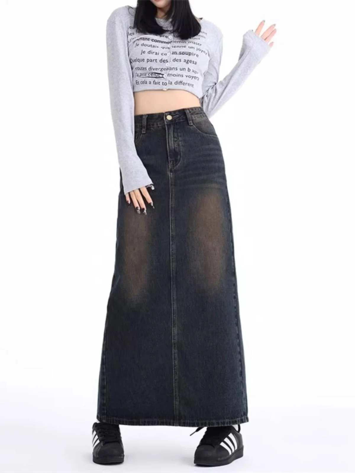 Retro High Waist Slit Workwear Denim  Midi Skirt Women Spring New Style Slimming Small Size mid Length Skirts