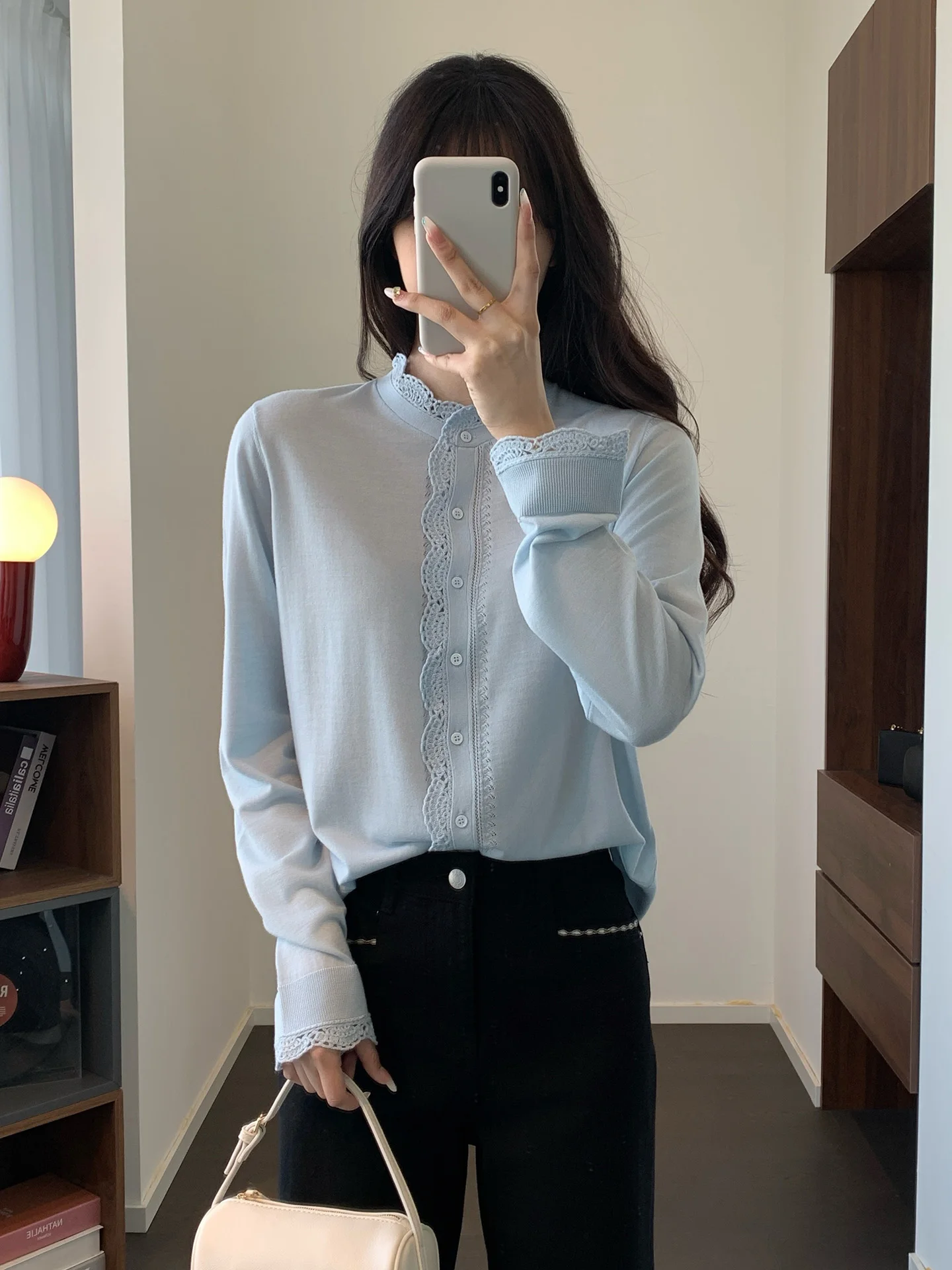 

Spring Commute Sle Ultra Fine Merino Wool Knitted Cardigan Hollow out Hook Flower Small Stand Collar Comfort Slimming Knitwear