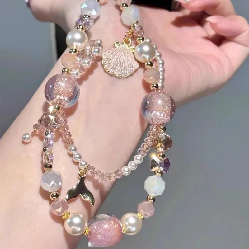 

1 Piece Shell Bead Pink Star Design Phone Strap Pink White Color Aesthetic Keychain Charm for Girls Versatile Summer Bag Charm