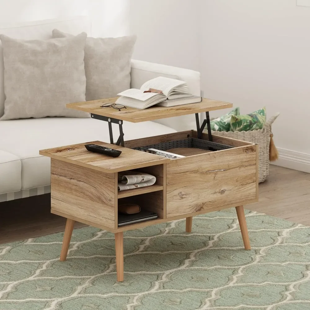 Wooden Leg Lift Top Coffee Table with Hidden Compartment and Side Open Storage Shelf for Living Room, Flagstaff Oak