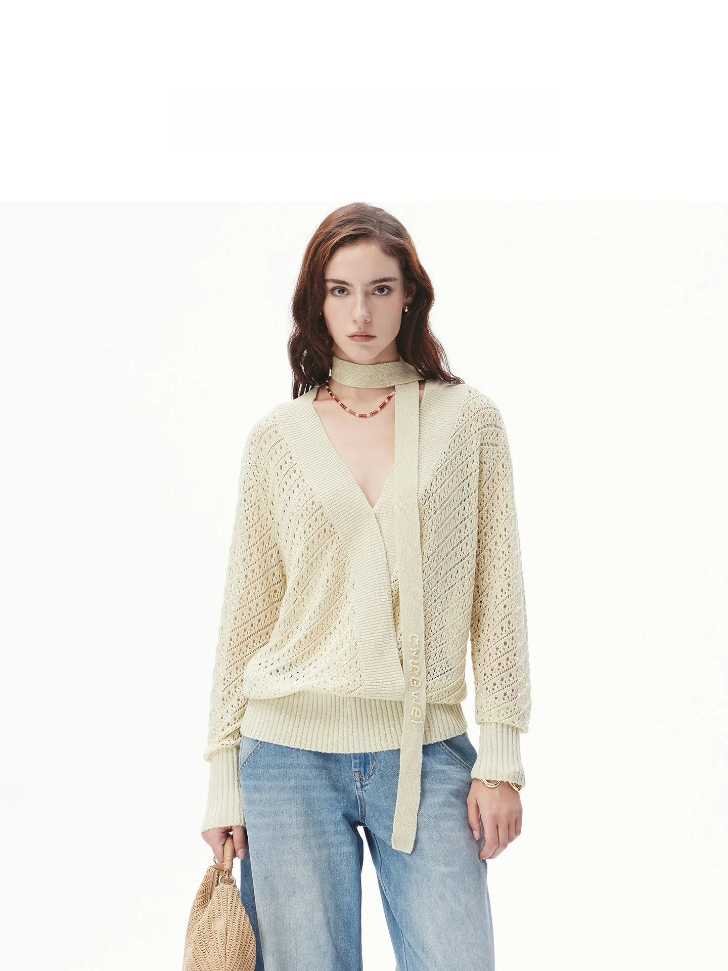 

Вязаный свитер CNWEI с V-образным вырезом и ажурной текстурой, повседневный, с длинным рукавом, стандартный крой