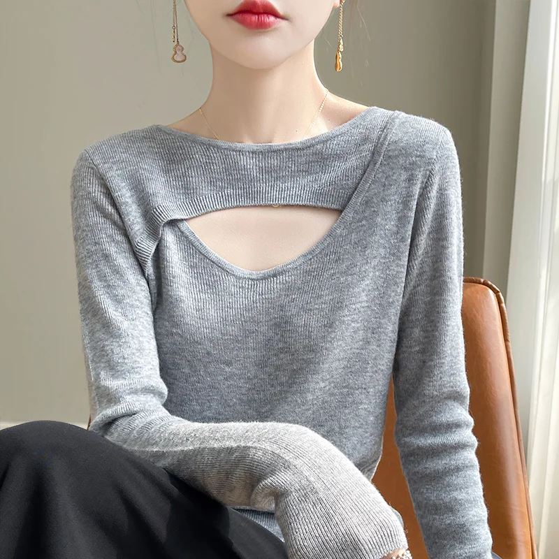 

Mulberry Silk Knitted Sweater French Fashionable Long sleeved Solid Color Thin Spring/Summer Fine Imitation Wool T-Shirt Top