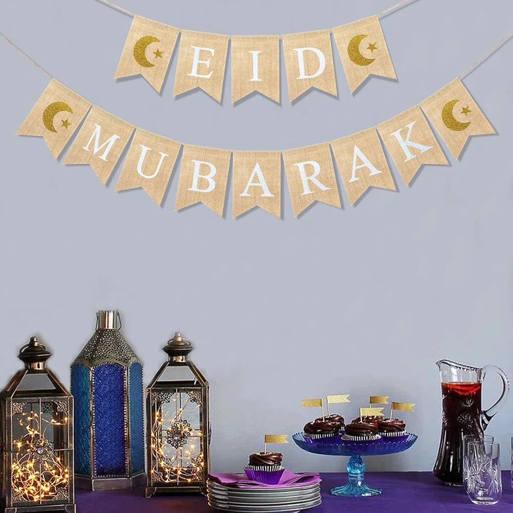 Eid Mubarak Banner Sackleinen Muslim Islamische Eid Wand Home Kaminsims Kamin Dekor Rustikale Ramadan Kareem Mond Stern Hängende Wimpelkette