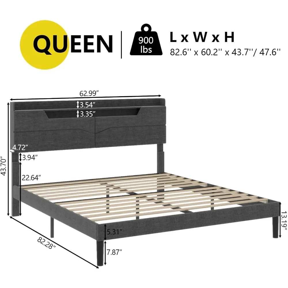 Cama queen size com cabeceira de armazenamento ajustável, Camas Quadros com Estação de Carregamento LED RGB Light, Plataforma Cama Frame