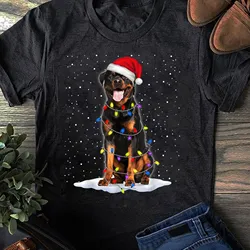 Rottweiler Santa Christmas Tree Lights Xmas T Shirt for Dog Lovers Funny Mother's Day