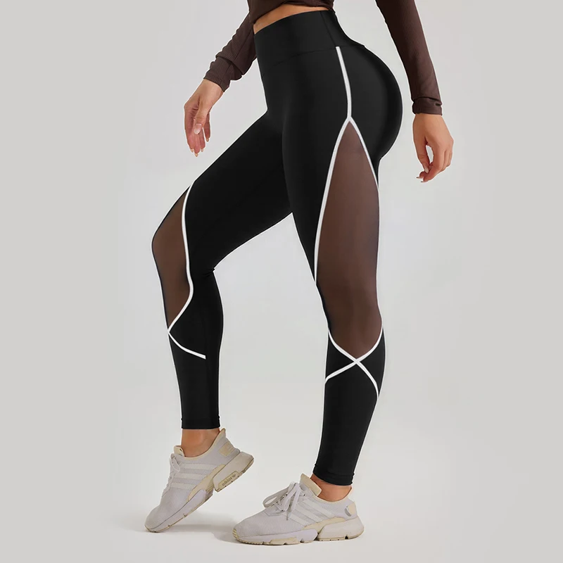 leggings per il sollevamento dell'anca da yoga da palestra in rete color block da donna, pantaloni sportivi a vita alta con leggings da esercizio con elastico in vita
