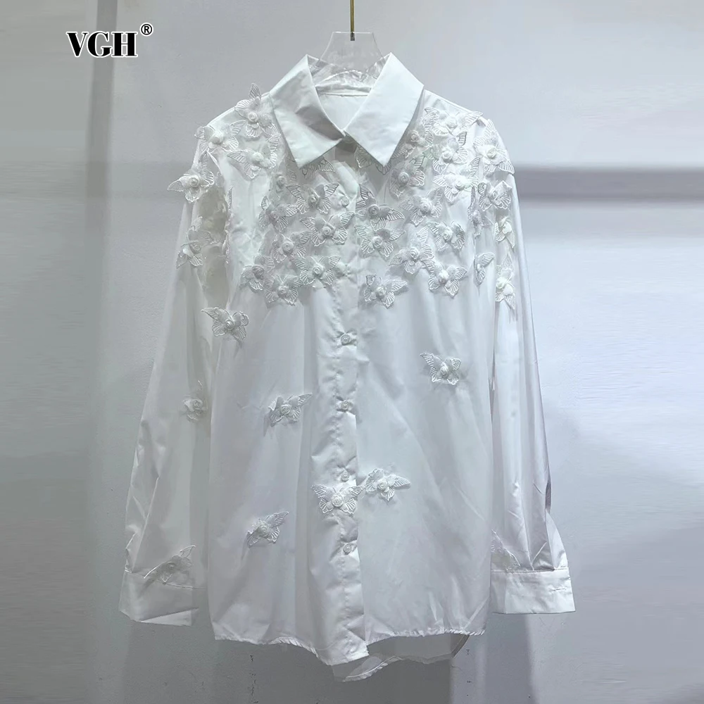 VGH Solid Patchwork Butterfly Casual Shirts For Women Lapel Long Sleeve Spliced Button Minimalist Loose Blouses Female Fashion