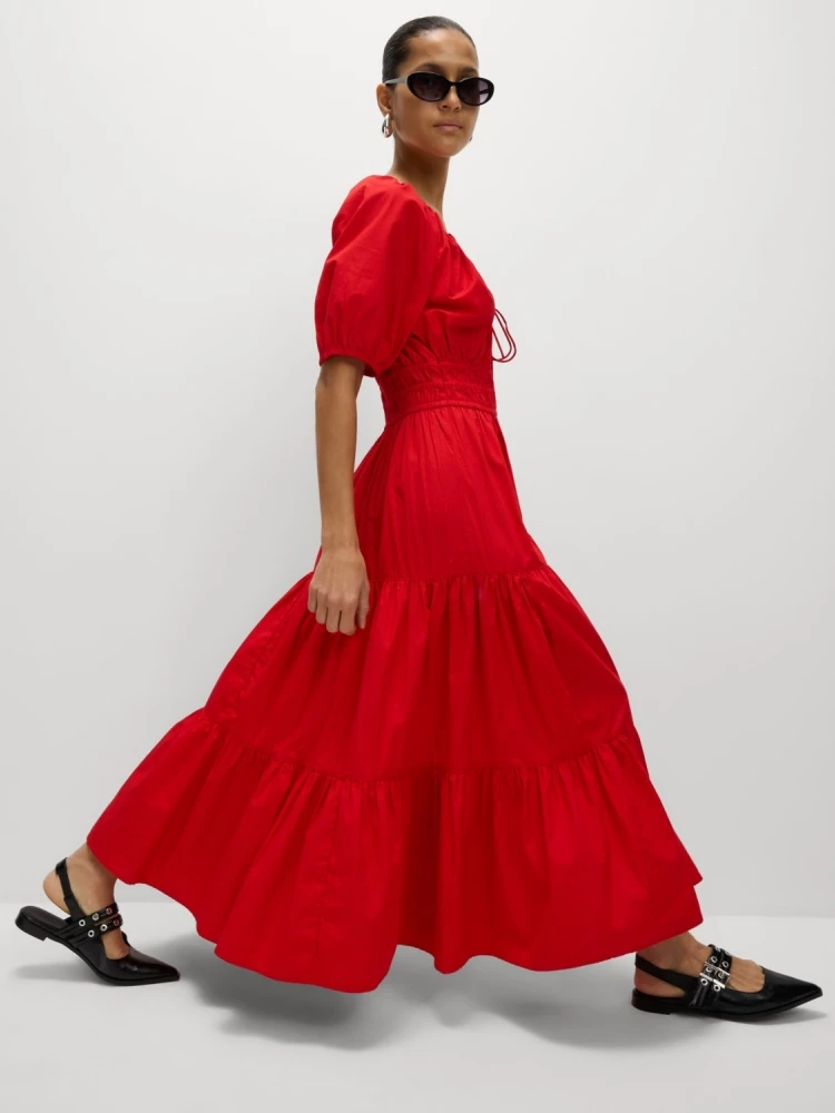 

Sexy V Neck Lace-up Puff Sleeve Patchwork Long Dresses Women Red Short Sleeve A-line Dresses Evening Party Cocktail Gowns