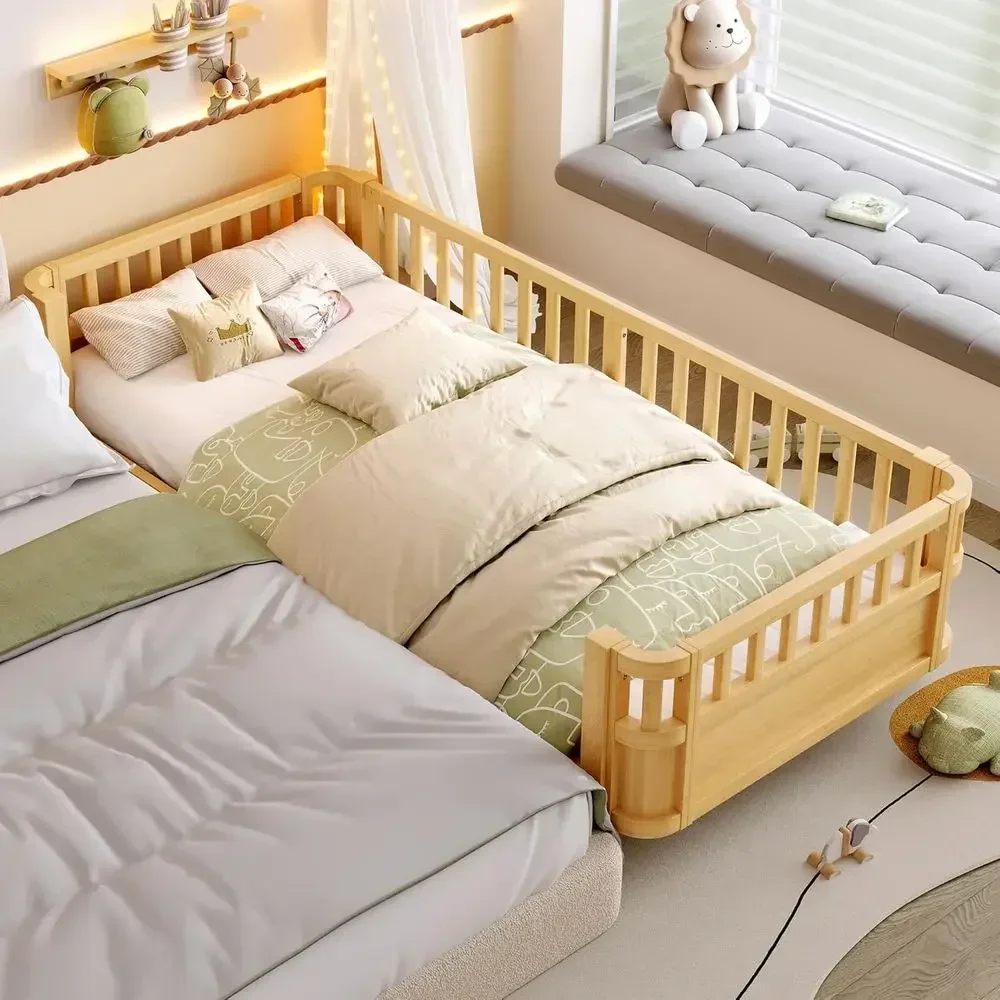 Twin XL Platform Bed with Detachable Footboard, Solid Wood Daybed, Safety Guardrails, Suitable for Kids and Teens, Natural Finis
