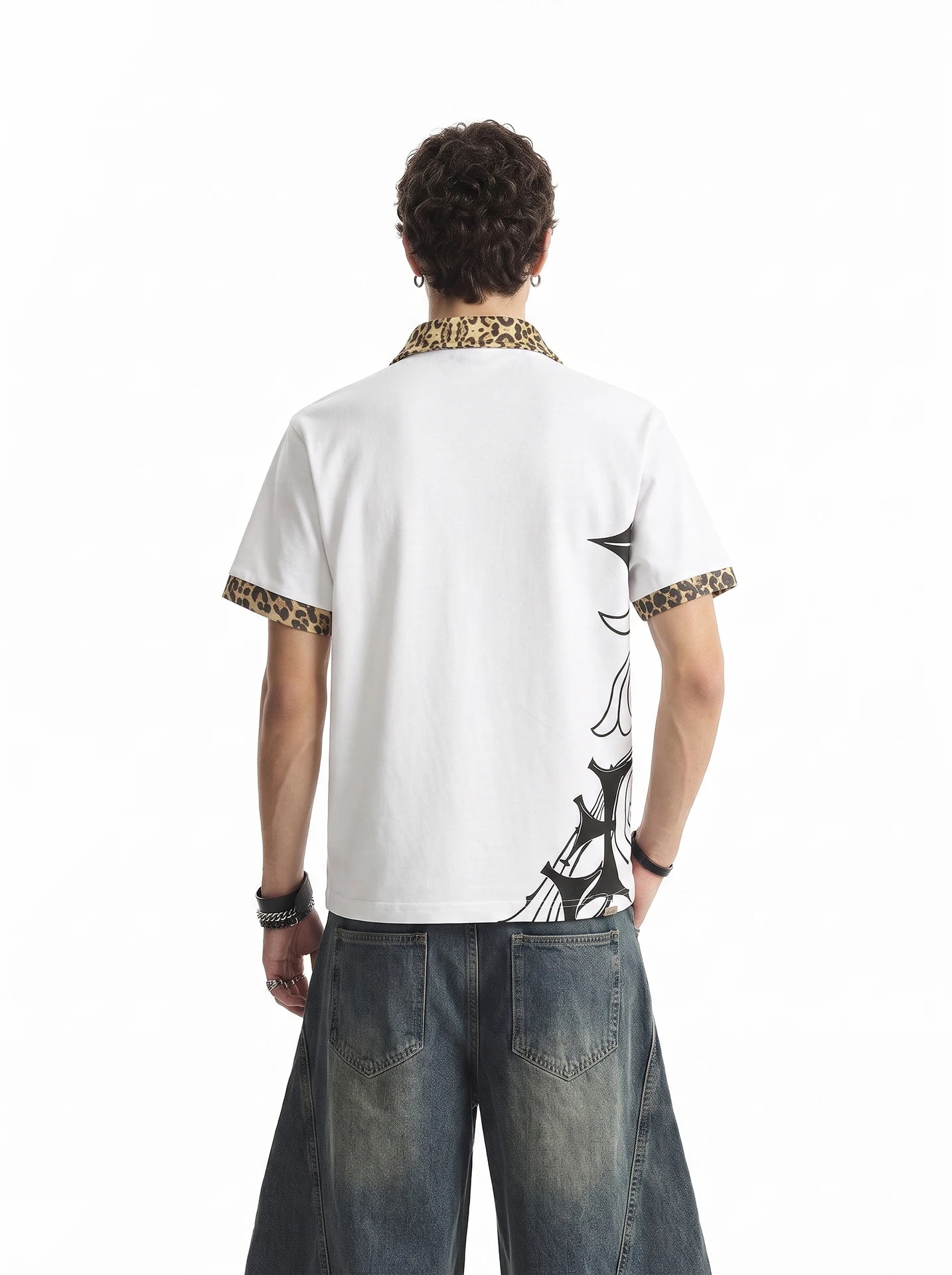 BETEBULE American Cross Print Leopard Pattern Short Sleeve  Shirt Loose Men's Summer Street Light Top Breathable Comfortable