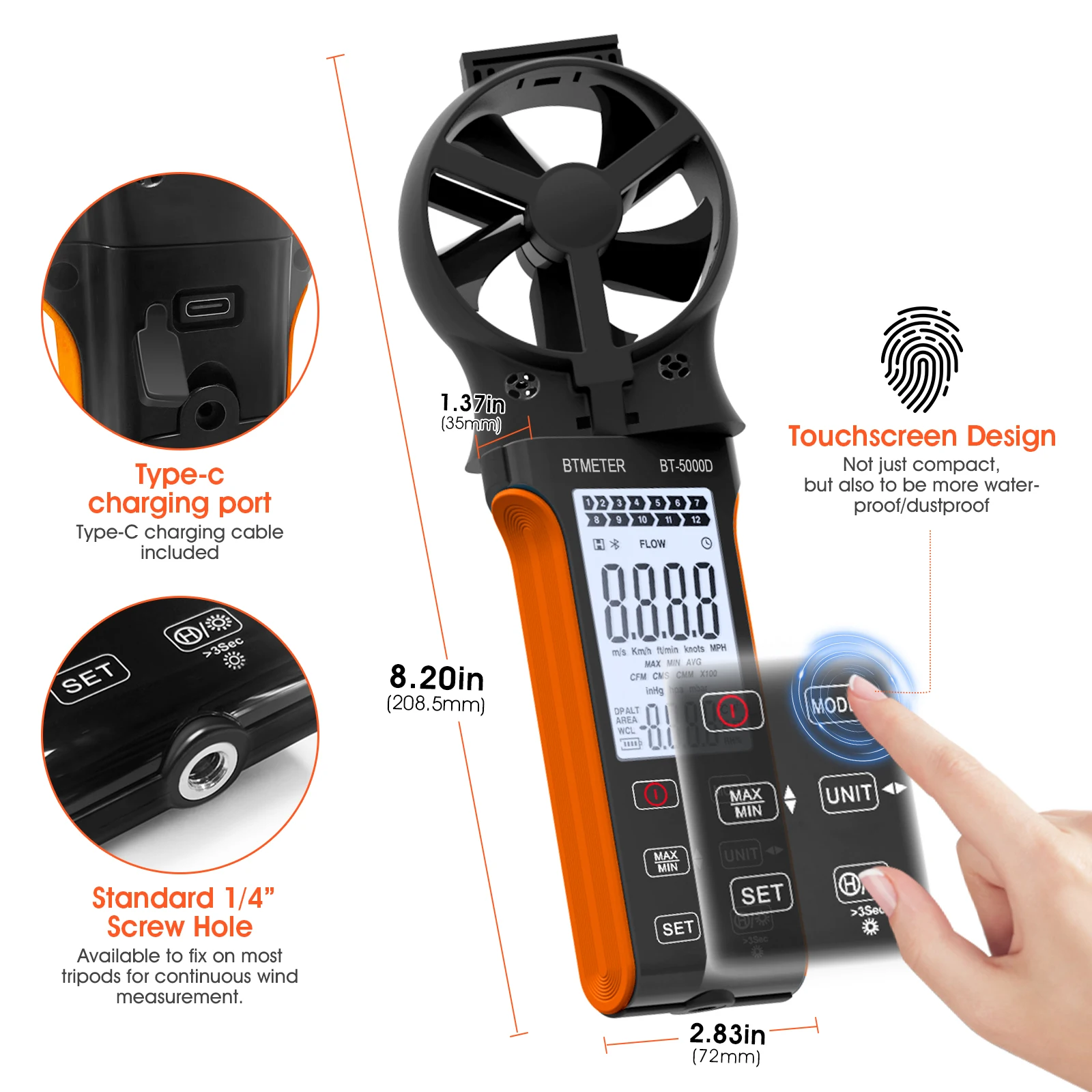 BTMETER Handheld Anemometer,CFM Wind Speed Meter,HVAC Rotatable Wind Air Flow Velocity Wind Volume,Rechargeable Gauge,BT-5000D