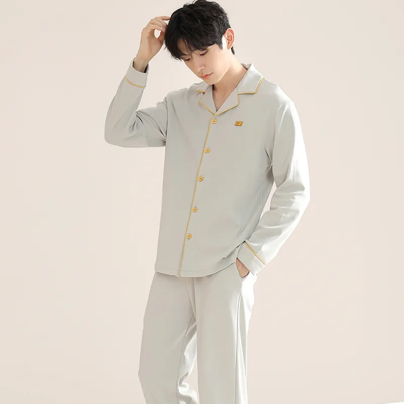 

2Pcs/set Pajamas Suit Men Autumn Spring Cotton Cardigan Sleepwear Male Spring Plus Size Loungewear Set Gentlemen Home Clothes