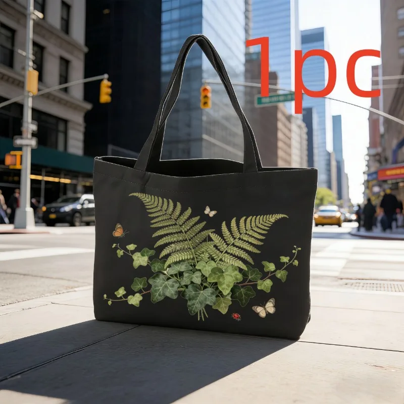 1pc Plant-themed Canvas Bag Black Single-shoulder Canvas Bag Large-capacity Tote Daily Storage Bag