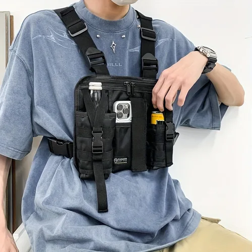 Imagen 2 del producto 1 unids/set de chaleco táctico de nailon de alta densidad para hombre con múltiples compartimentos, ropa de trabajo informal, paquete de pecho para viajes al aire libre