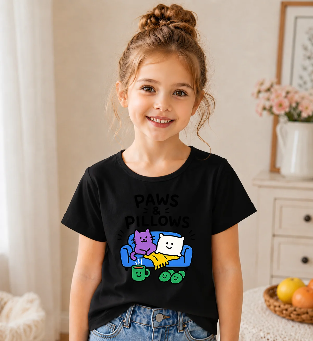 Cute Purple Cat Paws & Pillows Print Kids T Shirt Girls Summer Short Sleeve Cotton Tee Cartoon Sofa Pillow Pattern Children Casu