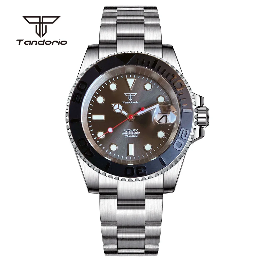 Tandorio Gray Sunburst Mechanical Automatic NH35 Men Watch Date Sapphire 40mm Dive Stainless Steel Wristwatch 20bar Luminous