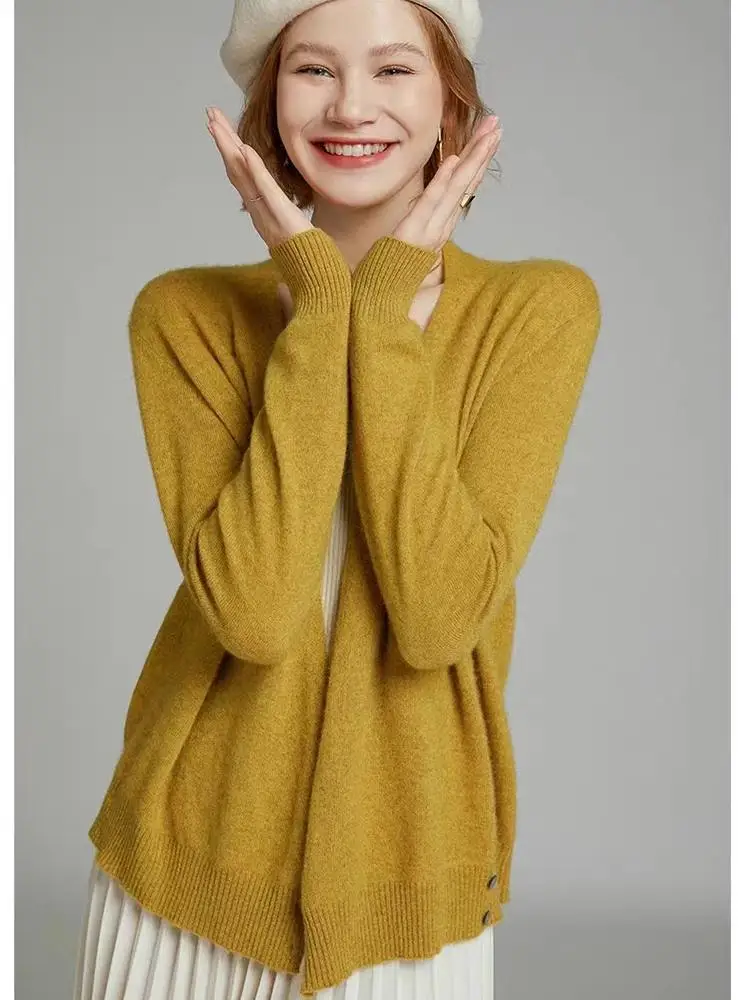 

Women Cross V-neck Wool Sweater Two Buckles Cardigan Autumn Winter Versatile Cashmere Top 100% Merino Wool Knitted Solid Clothes