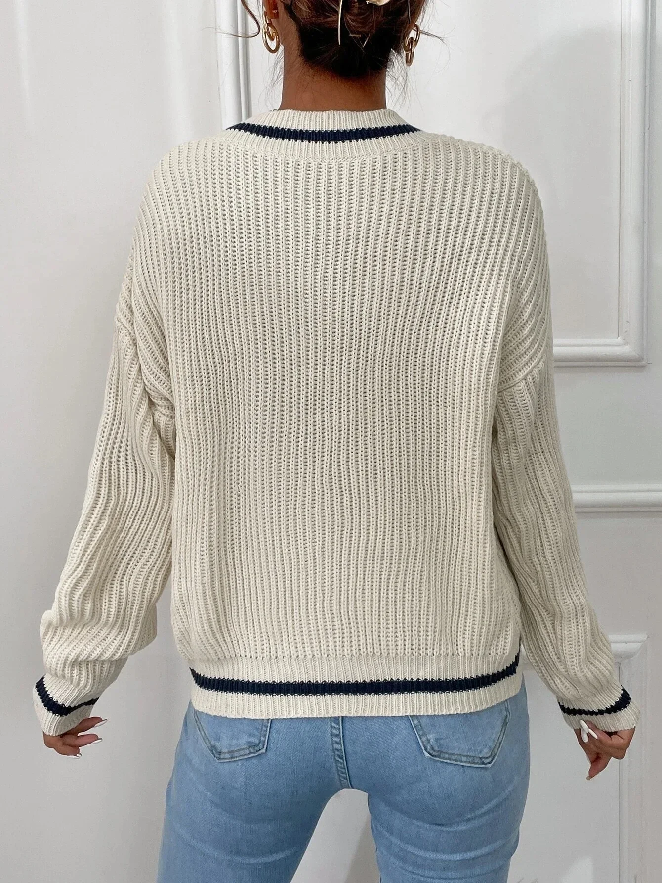 Pullover Knitted Sweater Winter Tops for Women Cardigan 2023 Long Sleeved Top Striped V-neck Knit Jumper Luxury Brand