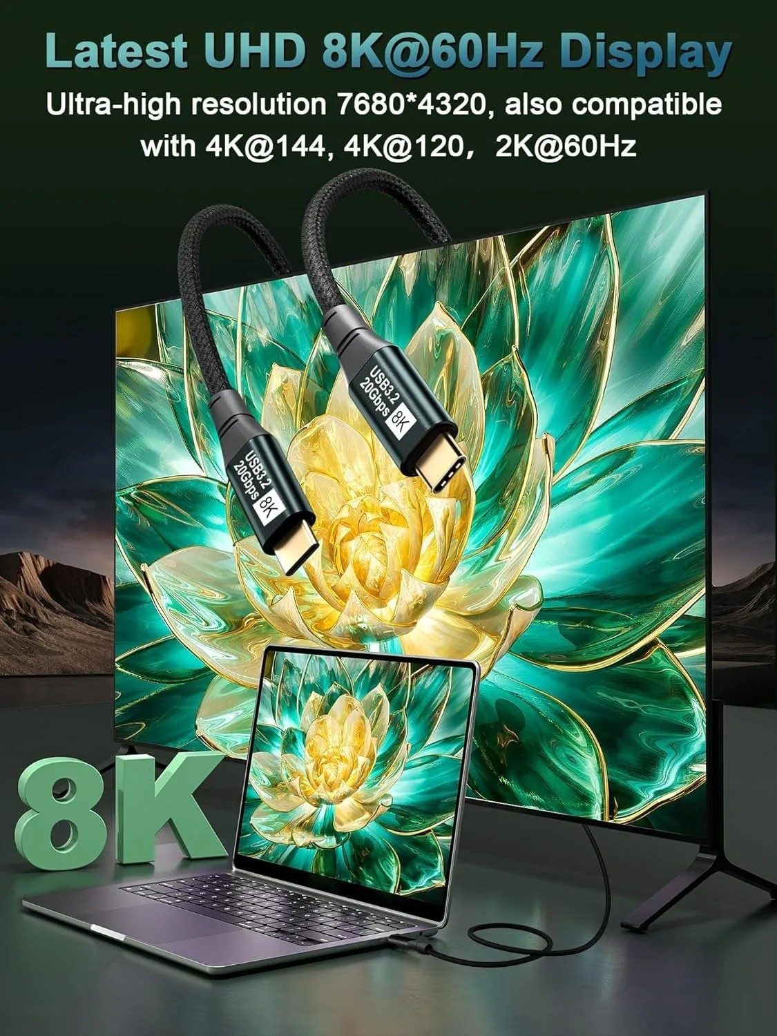 20Gbps USB‑C 3.2 Video Cable 8K Video Output Type‑C Male to Male 100W Cord PD Charging for Monitor Docking Station Laptop SSD