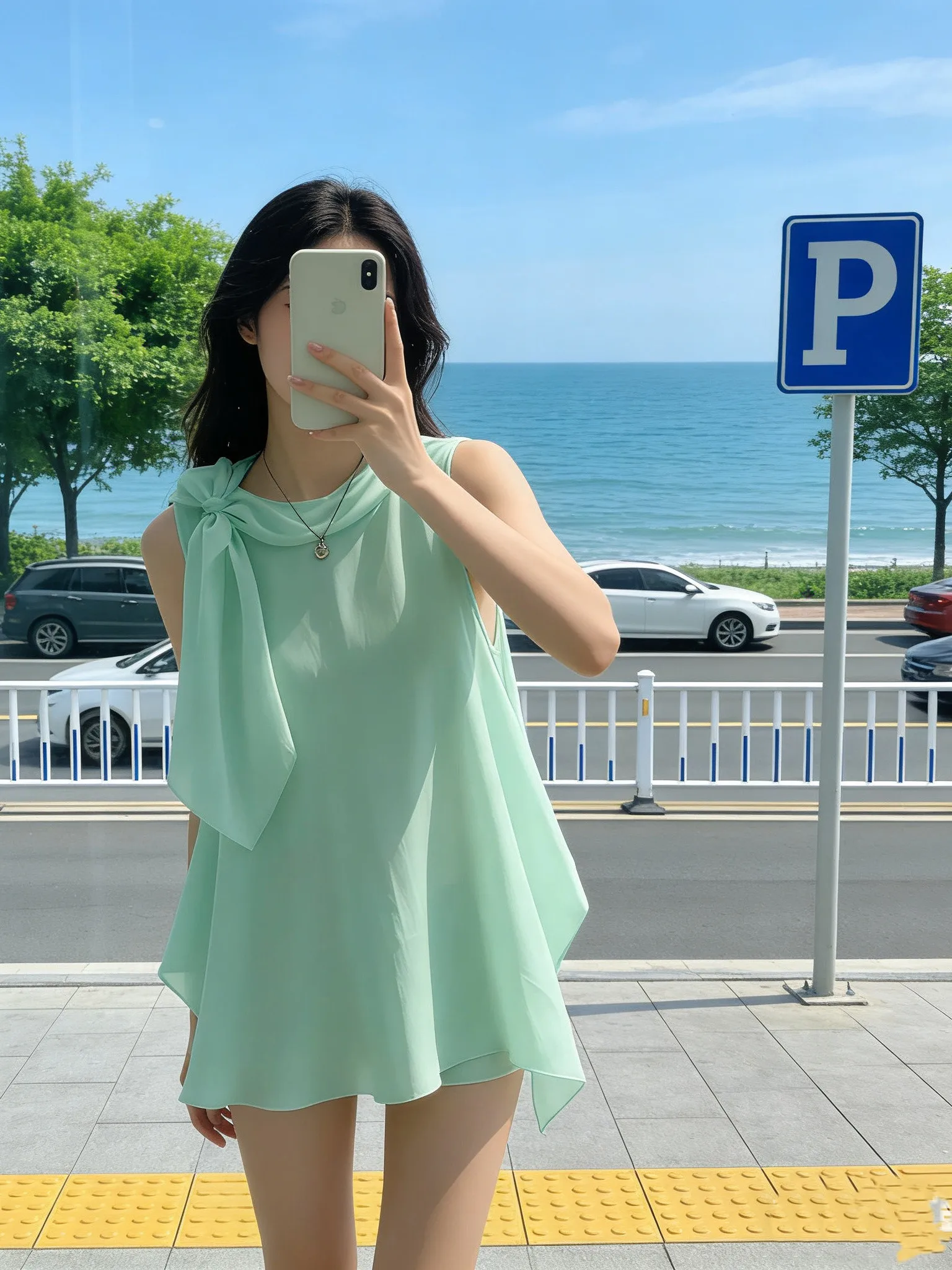 

Elegant Green Sleeveless Shirt Women's Fashionable Top Unique Stylish Summer Blouse French Style Loose Fit Knot