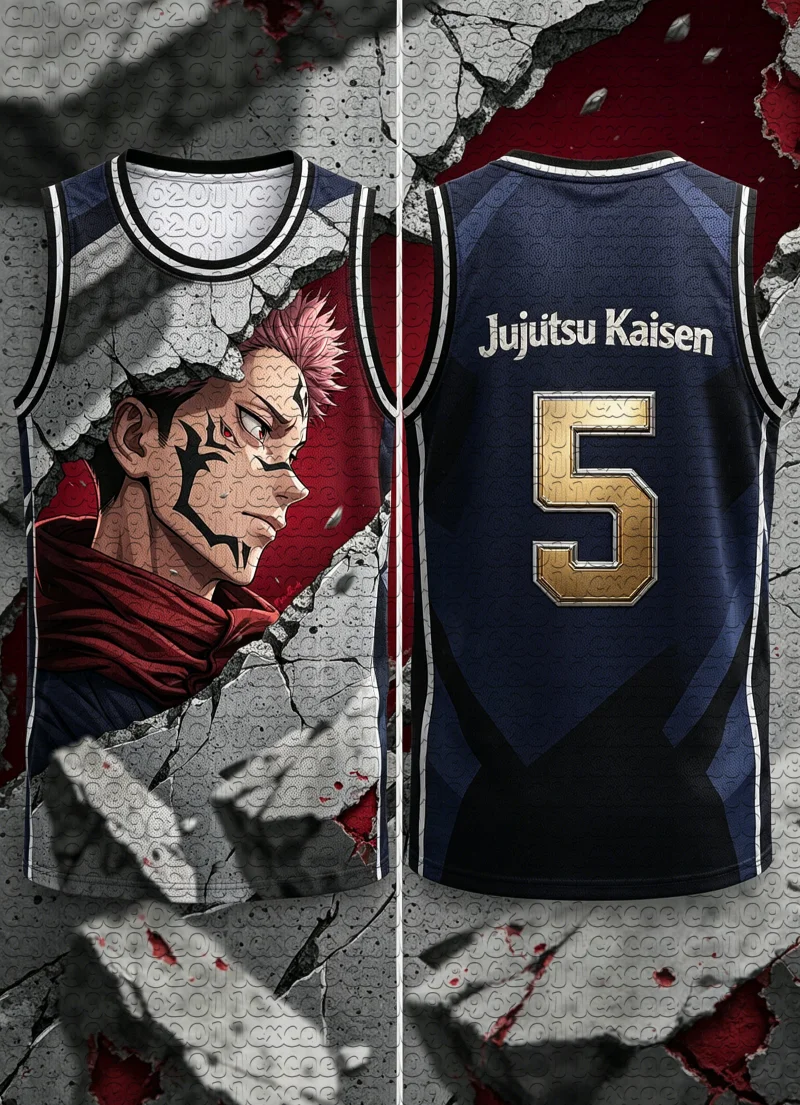 Summer Anime Jujutsu Kaisen Ryomen Sukuna Crack Wall Broken Texture Print Quick Dry Mesh Basketball Jersey Unisex Sports Top