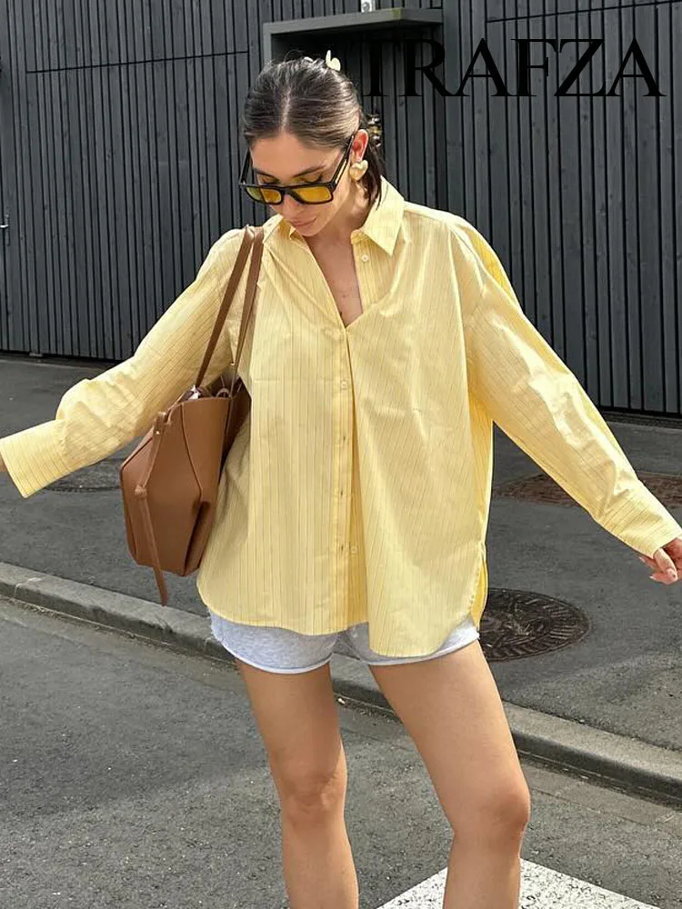 

TRAFZA 2024 Women Fashion Yellow Striped Single Breasted Shirt Female Chic Print Loose Shirt Lady Smock Blouse Blouse Mujer