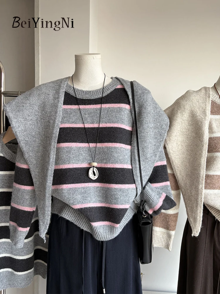Beiyingni Autumn Oversized Sweater Women Spell Color Retro Korean O-neck Pullover Female Streetwear Contrast Knit Top With Shawl