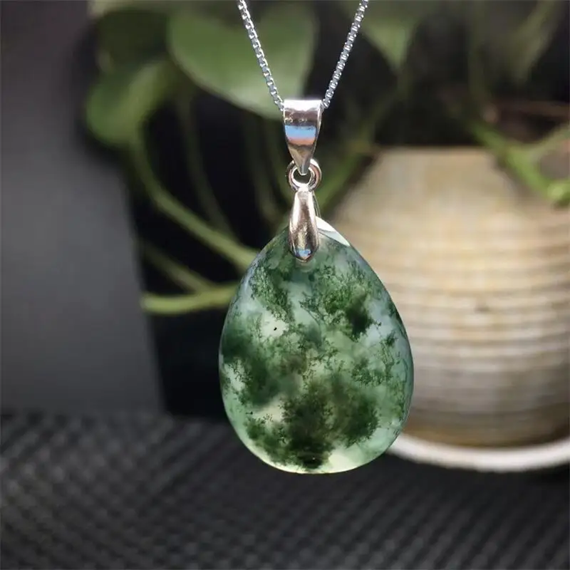 S925 Natural Moss Agate Teardrop Pendant Crystal Making Charm Jewelry Healing Energy For Charm Women Birthday Gift 18x26mm