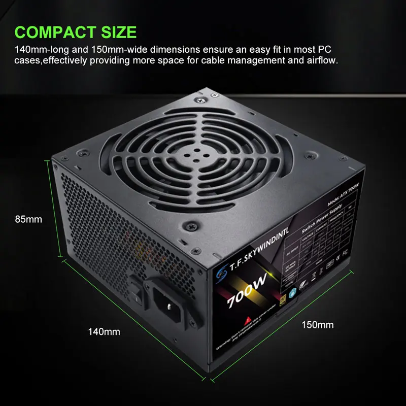 T.F.SKYWINDINTL PC Power Supply Unit 700 watt power supply Black Gaming Quiet 120mm Fan 24pin 12V ATX Desktop Computer PSU
