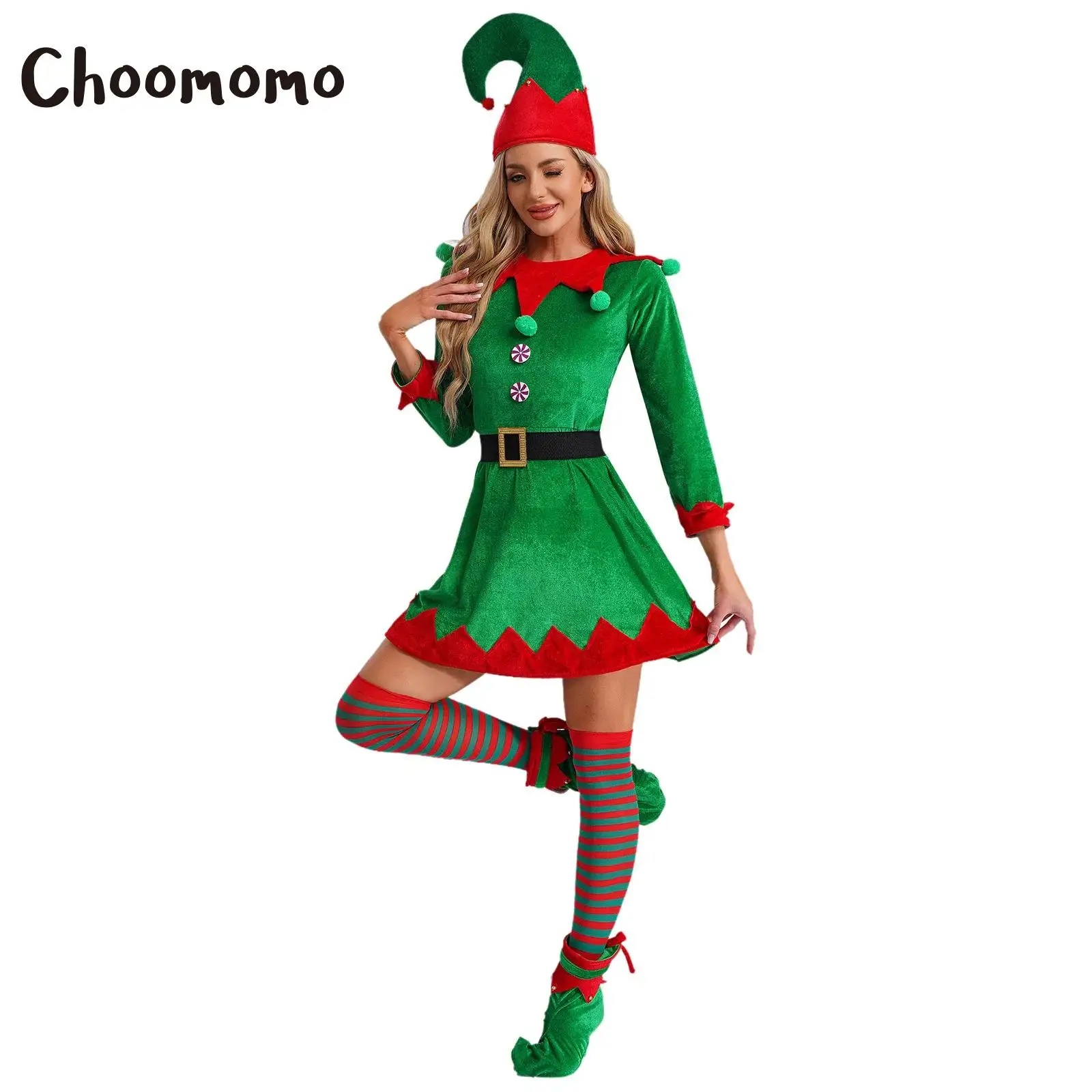 

Women Christmas Green Elf Costume Santa Claus Suit Flannel/Velvet Dress with Belt Hat Stockings Shoes Halloween Elves Cosplay
