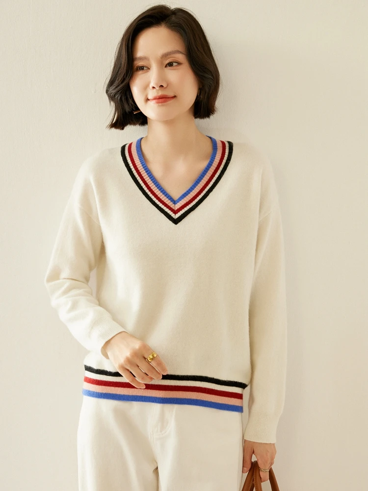 

New Fashion Autumn Winter Women Sweater Luxury 100% Cashmere Ladies Knitted Pullover Long Sleeve V-Neck Elegant Clothing Tops