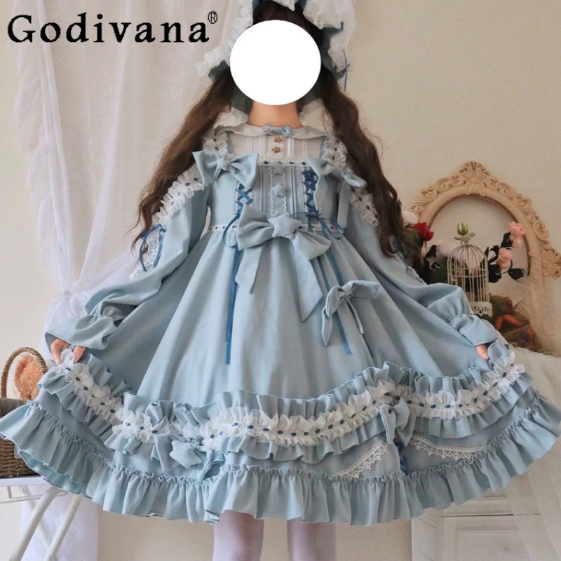 

Cute Lolita High Waist A-line Peter Pan Collar Long Sleeve Autumn Winter Dress Fashion Versatile Age Reduction Princess Dresses